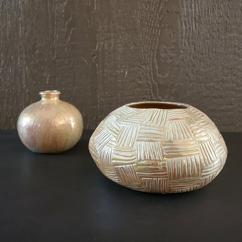 Vintage Signed Studio Art Pottery Gold Vase Set - Picture 2 of 10